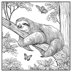 Obraz premium Adorable Sloth Line Art Illustration: Cute and Friendly Wildlife Character Climbing in a Botanical Forest Scene with Tropical Plants in Monochrome for Nature Lovers and Environment Protection