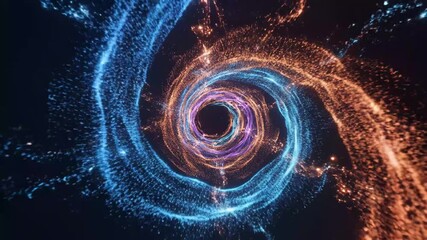 Particle Flow Tunnel - A vortex tunnel is formed by orange, blue, and purple glowing particles on a dark background. The particles flow in a spiral motion towards a dark center. - Powered by Adobe