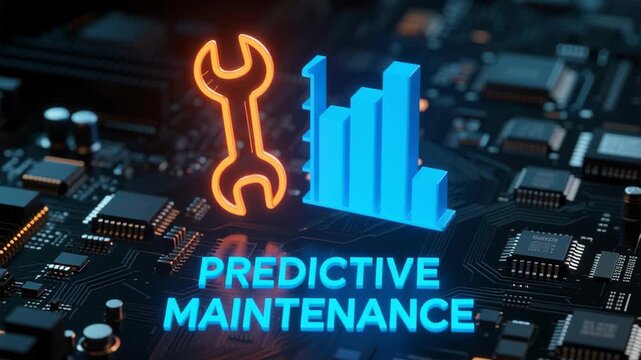 Predictive maintenance engineer. Predictive maintenance concept featuring glowing wrench and bar chart icons on circuit board background, symbolizing technology and data driven equipment care