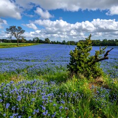 Expansive field of blue flowers under a puffy, partly cloudy sky