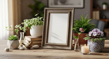 Empty wooden picture frame stands among potted houseplants on a rustic wooden surface