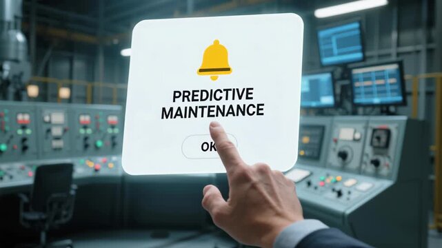 Predictive maintenance engineer. Business hand pointing digital screen showing predictive maintenance alert with OK button industrial control room filled with machinery and monitors for advanced