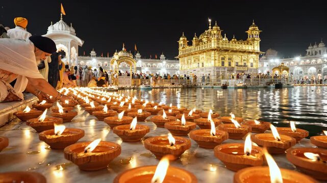 Golden Temple Illuminated with Candles at Night - This video showcases the Golden Temple at night, illuminated by rows of lit candles placed in small clay pots.