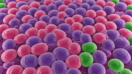 Colorful spherical cells in pink, purple, and green including bacteria microorganisms biology