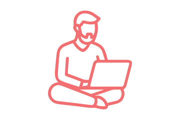 Red Line Art Icon of a Man with a Beard Working on a Laptop Cross-legged male person