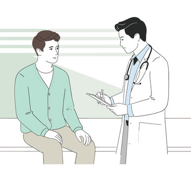 Doctor consulting male patient during routine medical checkup healthcare discussion diagnosis treatment concept illustration for clinic hospital wellness services
