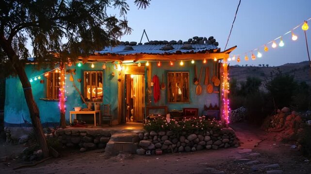 A small cozy cottage at night decorated with colorful glowing string lights.