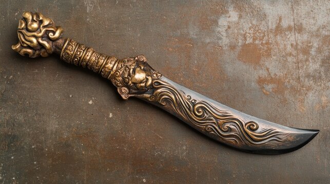 Balinese Kris dagger, wavy blade with Pamor (pattern welding) that resembles flowing water or smoke, hilt carved as a deity, mystical lighting