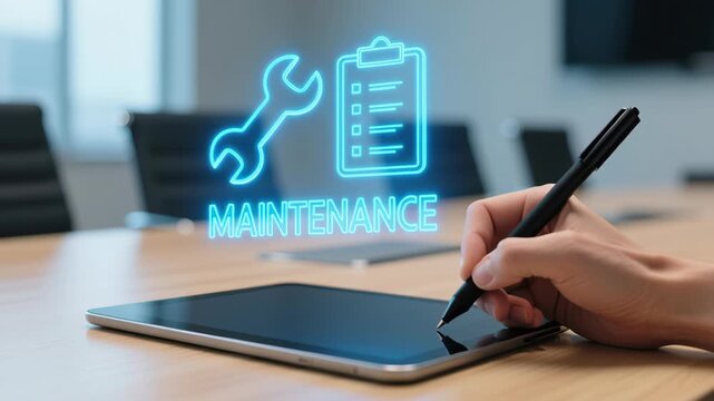 Predictive maintenance engineer. Maintenance concept featuring digital tablet and stylus pen wooden table, hand holding pen with holographic wrench and checklist icons glowing blue office background