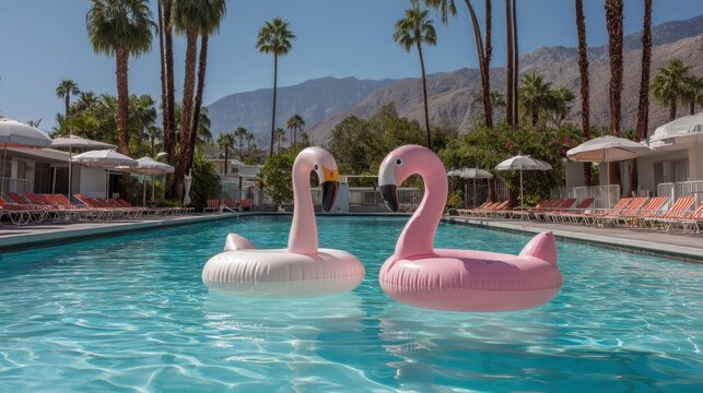 Two colorful flamingo floaties rest on the surface of a sparkling pool. Palm trees tower in the background creating a relaxing vacation atmosphere in a sunny location.
