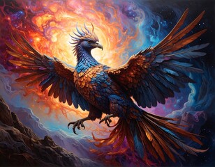 Fototapeta premium A majestic bird with colorful wings against a celestial background