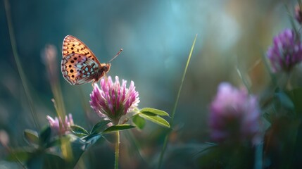 A colorful butterfly lands gracefully on clover flowers in a sunlit meadow. The scene captures the essence of springtime with blooming flowers and soft green grass.