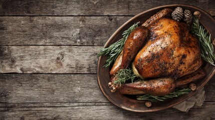 A beautifully roasted turkey sits on a wooden platter surrounded by fresh herbs and decorative pinecones. This dish is ideal for festive occasions and family meals.