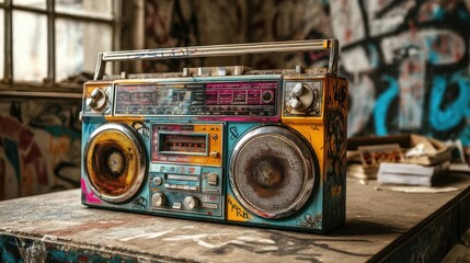 Colorful boombox sits on a wooden table covered in graffiti. The setting is an abandoned building with peeling walls. Dust particles float in the sunlight streaming through the window.