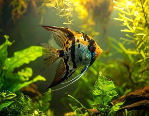 A vibrant, patterned fish swims in a lush, aquatic environment