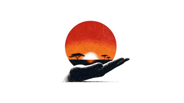 A clean vector icon of a hand holding a globe, with a sun rising behind it, isolated on a Transparent background - Powered by Adobe