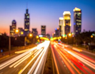 Fototapeta premium Chicago city lights at night with blurred traffic trails.