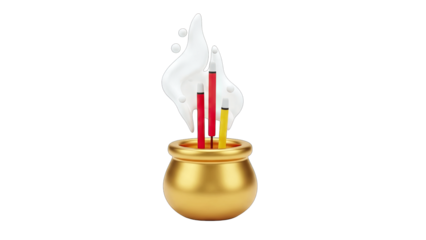 Golden Cauldron with Burning Candles and Smoke on White Background