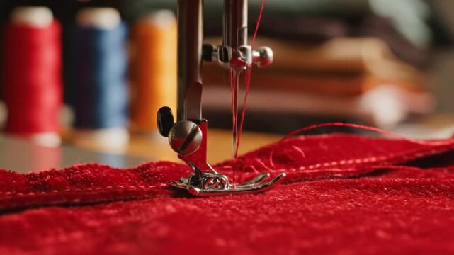 Sewing machine needle stitching red velvet fabric on table perfect for fashion tailoring videos and textile manufacturing industry concepts