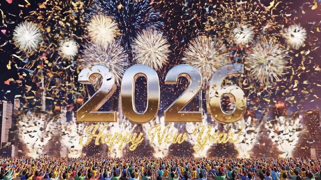 New Year's Celebration with Fireworks - A vibrant New Year's celebration scene featuring large golden numbers "2026" and the phrase "Happy New Year!