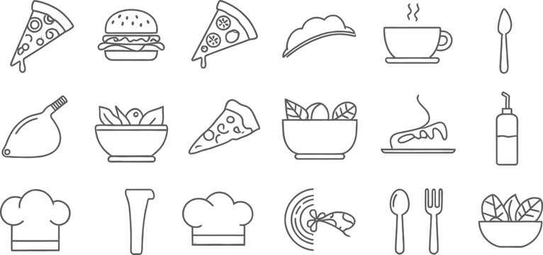 Hand Drawn Food Icons Including Pizza Burger Coffee Salad And Cake
