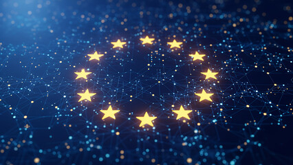 EU stars glow on abstract digital network. Futuristic tech connects global data points. Cybersecurity laws ensure data protection privacy for all citizens. European Digital Governance, Cybersecurity