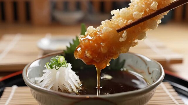 Crispy tempura shrimp dipped in sauce, held with chopsticks, served with daikon radish and green onions