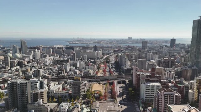 Kobe, Hyogo, Japan in Autumn &ndash; Stunning 4K Aerial Drone Footage of City Skyline in Chuo Ward, Urban Streets,  Ikutagawa River, Cherry Tree Avenue, Canal and Ocean Views