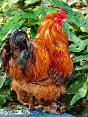 Colorful cochin Rooster with Feathered Legs in Natural Setting