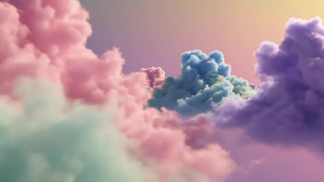 Colorful pastel clouds in various shades of pink, purple, and blue against a gradient sky with a white foreground.