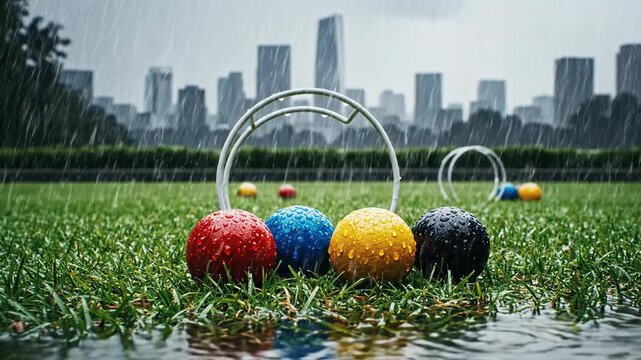 Croquet balls in the rain on a grassy lawn with a city skyline in the background