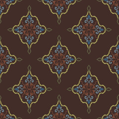 Ikat oriental vector damask pattern. Talavera pottery. Azulejos Portugal. Turkish ornament. Spanish porcelain. Ceramic tableware, folk print. Ethnic background. 