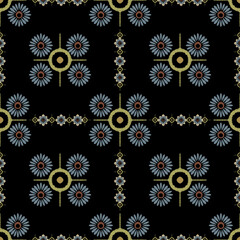 Blue and yellow ikat fireworks on a black background. Ikat vintage pattern. Design for wallpaper, tapestry, textiles, tiles, rugs, pottery, and home decor. 
