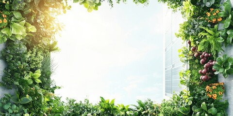 A collage of images representing sustainable energy, such as solar panels and greenery, with a white background and space for text on the right side, Generative AI