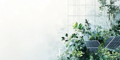 A collage of images representing sustainable energy, such as solar panels and greenery, with a white background and space for text on the right side, Generative AI