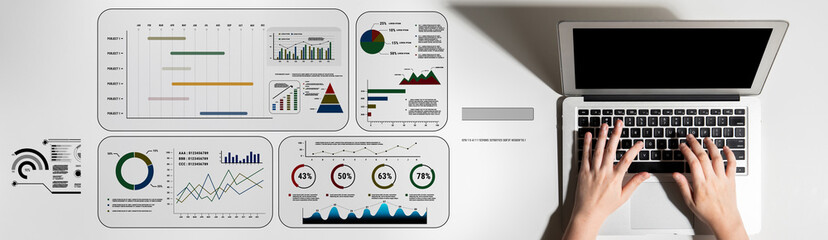 Fototapeta premium A project management dashboard with business performance analytics. A visualization of project timelines, KPIs, and company data for strategic review. Motif