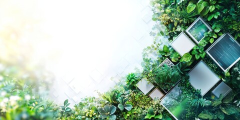 A background with white space in the center, featuring green energy images and photos of sustainable buildings arranged on it The theme is clean technology for sustainability, Generative AI
