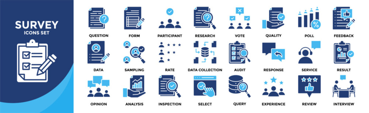 Survey icon set collection. an icon pack contain vote, question, research, form, participant, quality, poll, feedback, data, sampling