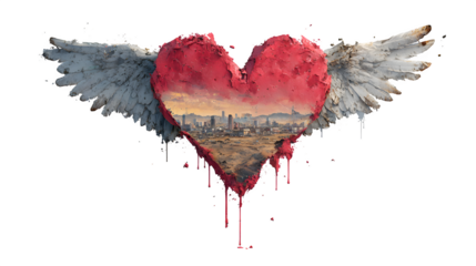 A graphic of a heart with wings, flying over a landscape, isolated on a Transparent background