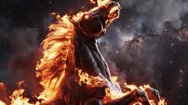 Fiery Horse in Cosmic Background - This dramatic video features a horse whose mane and body are engulfed in flames, set against a starry cosmic backdrop.