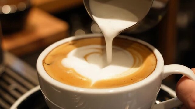Barista pouring steamed milk into coffee cup making heart art perfect for coffee shop promos and cafe beverage preparation concepts
