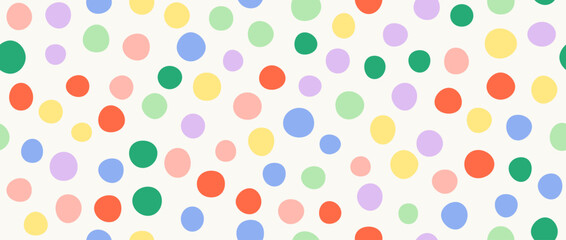 Bright birthday polka dot seamless pattern. Colorful repeated round confetti background. Cute dotted wallpaper for Easter wrapping paper, birthday decoration design, kid bday nursery decor. Vector © vika_k
