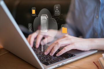 Businessman using cloud online database server upload transfer backup storage global digital data...