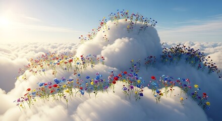 Vibrant wildflowers flourish atop soft billows of white clouds under a bright sky
