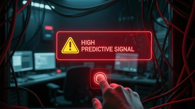 Predictive maintenance engineer. High predictive signal warning alert technology futuristic hand pressing button dark room filled with computer screens and cables creating tense atmosphere