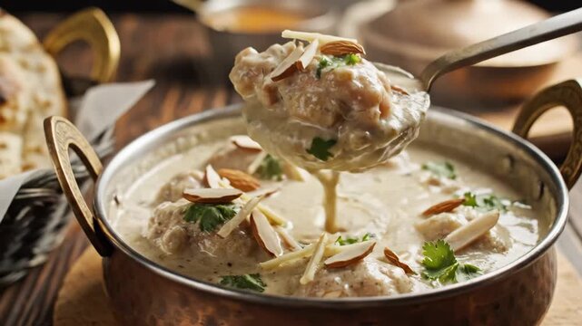 Chicken Korma in Serving Dish - A close-up shot showcases a copper serving dish filled with creamy chicken korma.