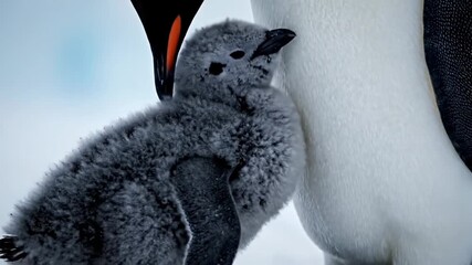 Emperor Penguin Chick Huddles Close to Parent for Warmth in Icy Antarctic Landscape.