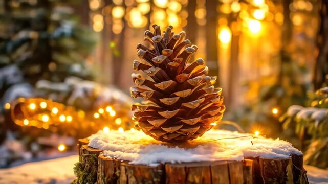 Pine Cone on Snowy Stump in Forest Sunlight