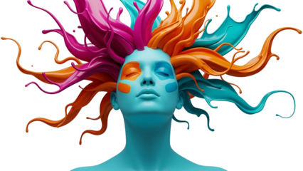 A vibrant portrait featuring a blue figure with colorful paint splash hair