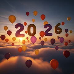 Numerous colorful balloons ascend into the darkening sky above a thick layer of clouds at sunset forming the number two thousand twenty six